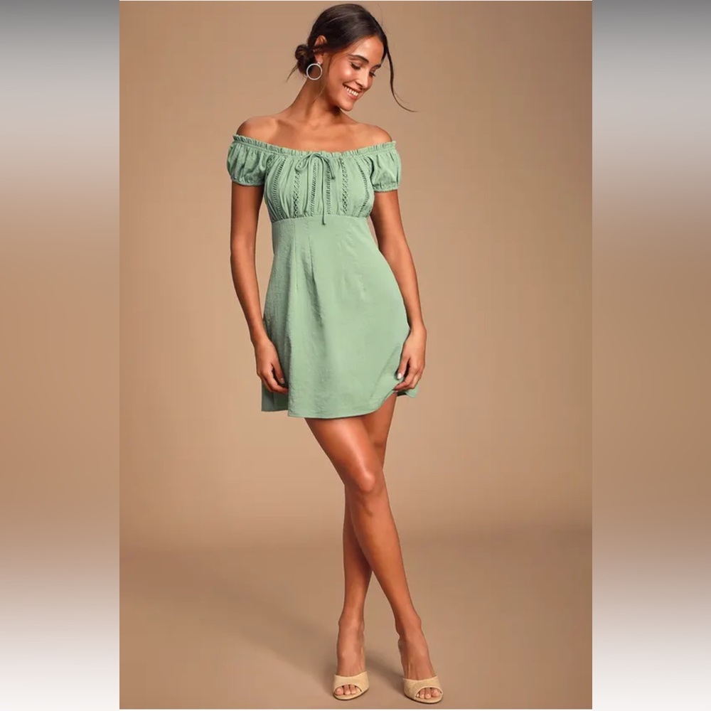 Lulus Wisteria Sage Green Embroidered Off-the-Shoulder Mini Dress